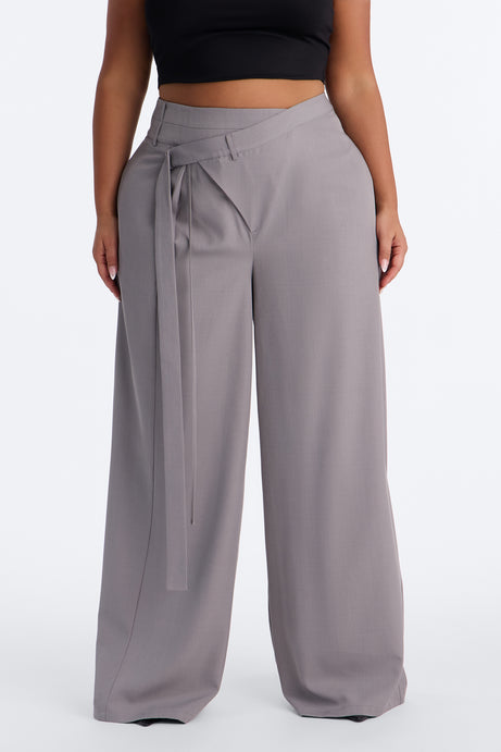 Center of Attention Asymmetrical Waist Wide Leg Trousers - Grey