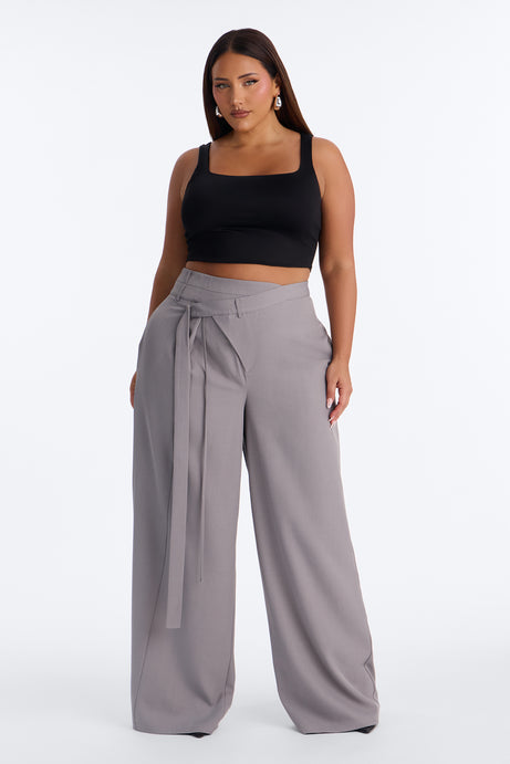 Center of Attention Asymmetrical Waist Wide Leg Trousers - Grey