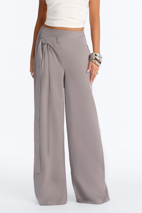 Center of Attention Asymmetrical Waist Wide Leg Trousers - Grey