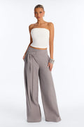 Center of Attention Asymmetrical Waist Wide Leg Trousers - Grey