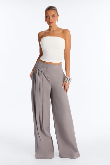 Center of Attention Asymmetrical Waist Wide Leg Trousers - Grey