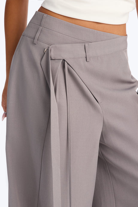 Center of Attention Asymmetrical Waist Wide Leg Trousers - Grey