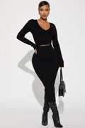 Rocking Baddie V- Neckline Midi Dress - Black