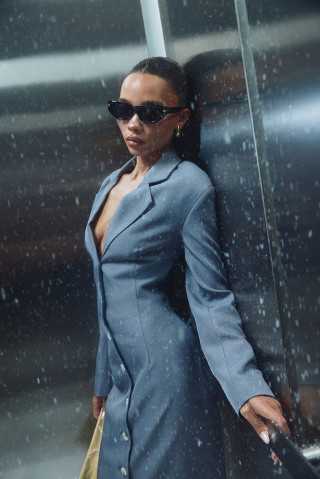 Suited Up Asymmetrical Blazer Midi Dress - Grey