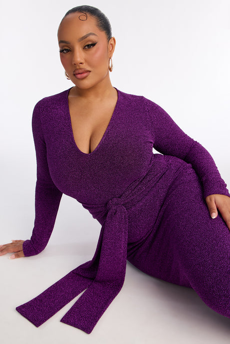 Oaklyn Long Sleeve Metallic Midi Dress - Purple